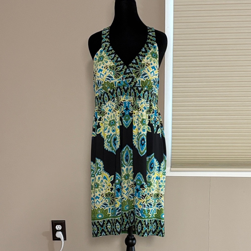 INC International Concepts Black Dress with Teal & Lime Floral Print